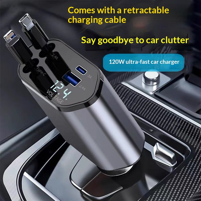 4-in-1 Retractable Car Charger, 120W Fast Charging with USB-C Cables
