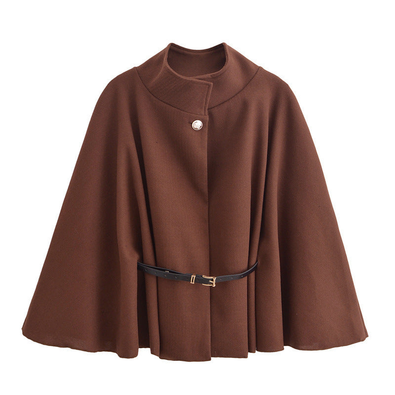 Women's Stand Collar Batwing Cloak Jacket With Belt, Woolen Look
