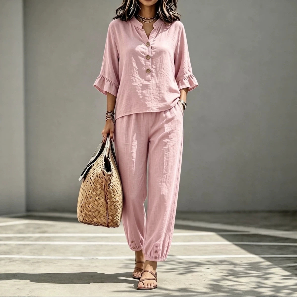 Women's 2-Piece V-Neck Top and Wide Leg Trousers Co-ord Set