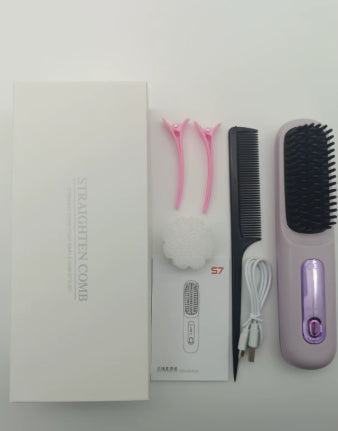 2-in-1 Cordless Hair Straightener Brush, USB Rechargeable