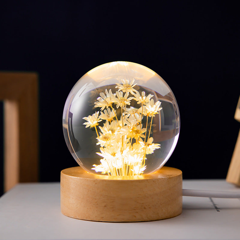 Luminous 3D Dandelion Crystal Ball on Beech Wood Stand