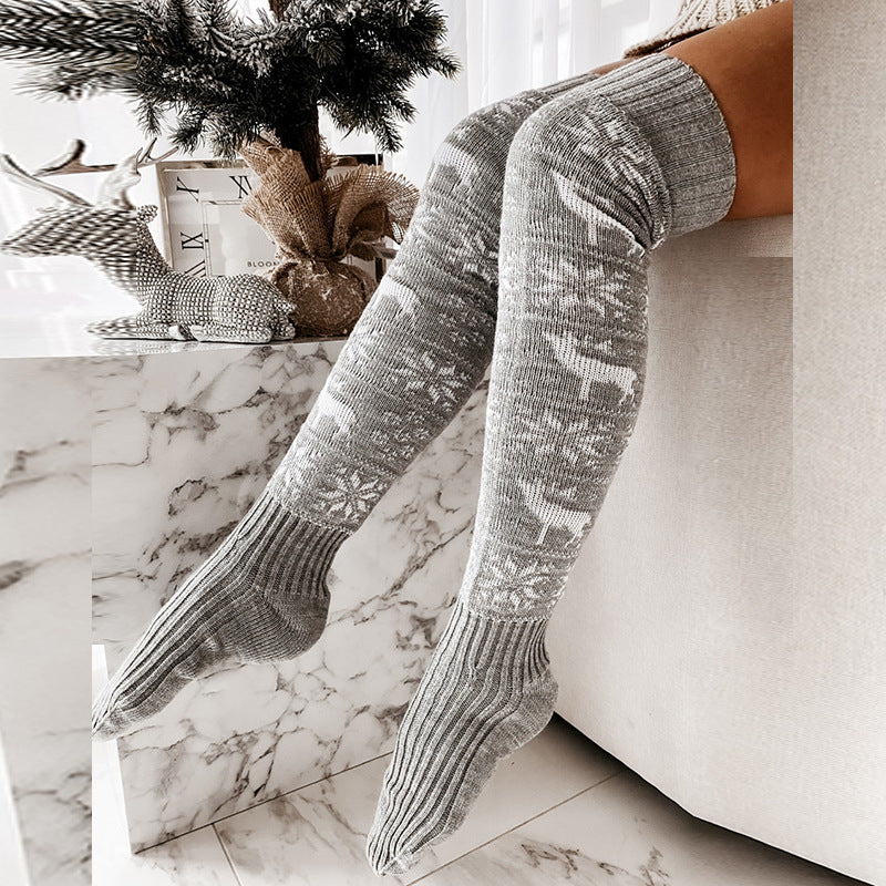 Warm Knitted Christmas Stockings for Women with Elk Snowflake Design