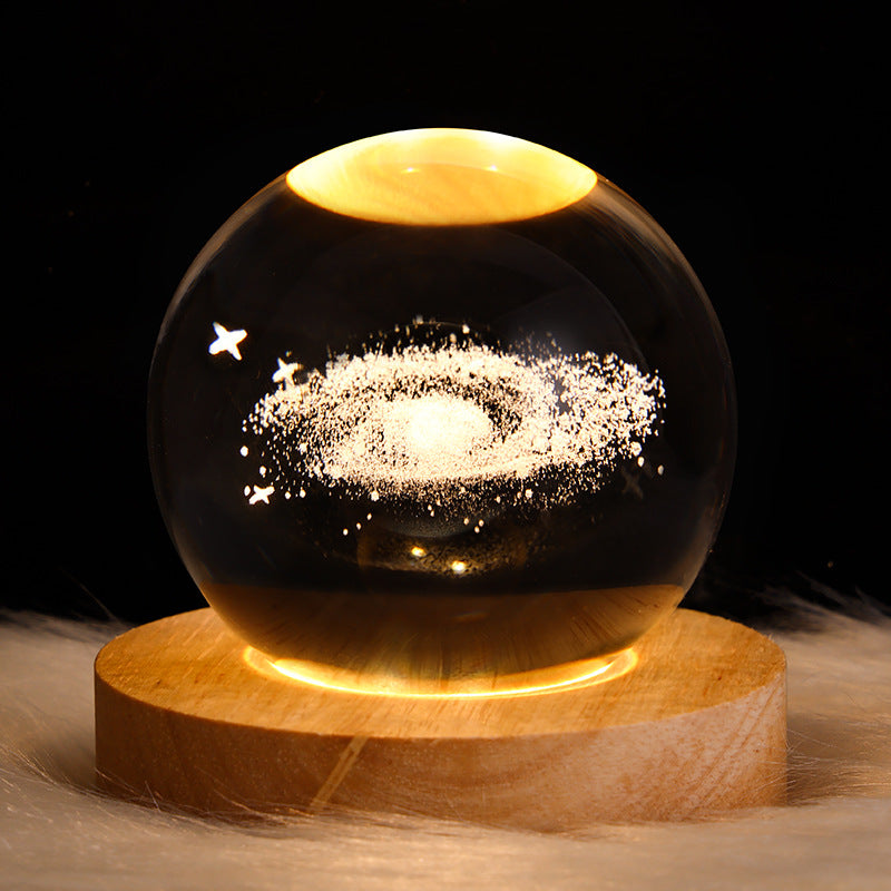 LED Galaxy Crystal Ball Night Light With Solid Wood Base