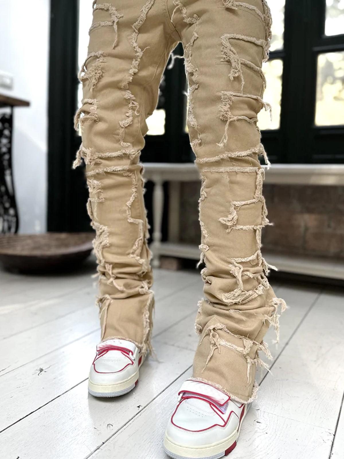 Men's Ripped Fringe Patched Jeans in a Slim Stacked Fit