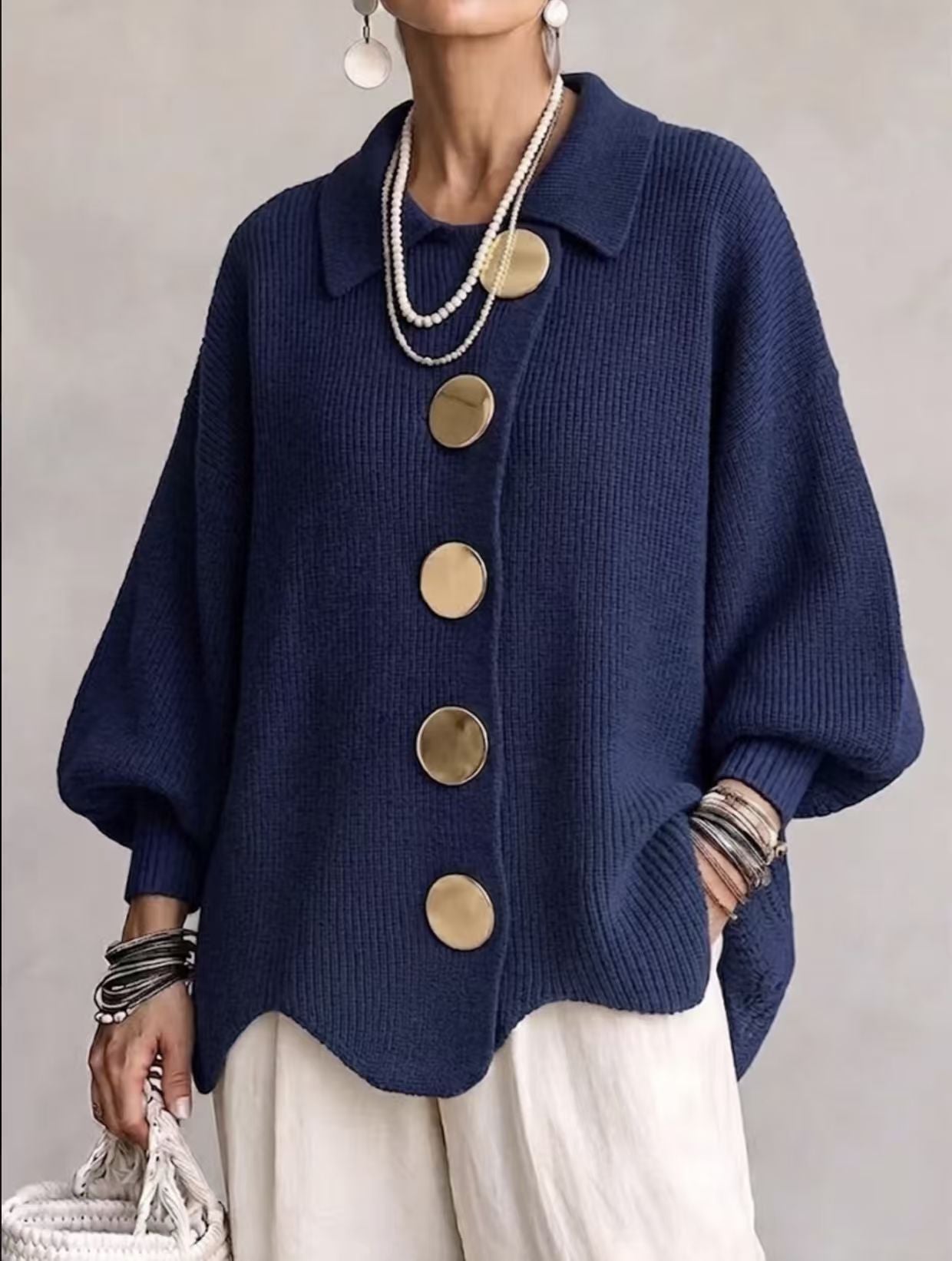 Women's Button-Down Knitted Cardigan, Loose Lapel Jacket