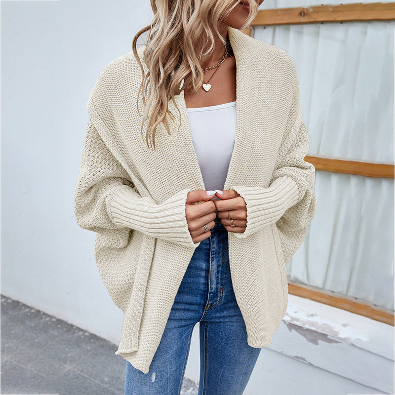 Loose Knit Bat-Sleeve Cardigan with Large Lapel for Women