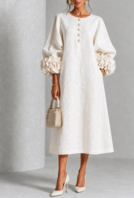Floral Puff Sleeve A-Line Dress With 3D Flowers For Parties