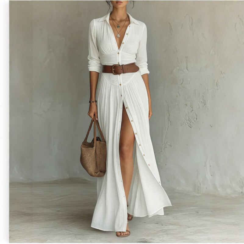 Women's V-Neck Long Dress with High Side Split, Loose Casual Maxi