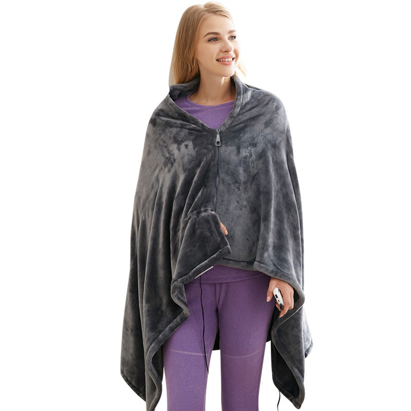 USB Heated Flannel Shawl Blanket, Warm Coral Fleece Wrap