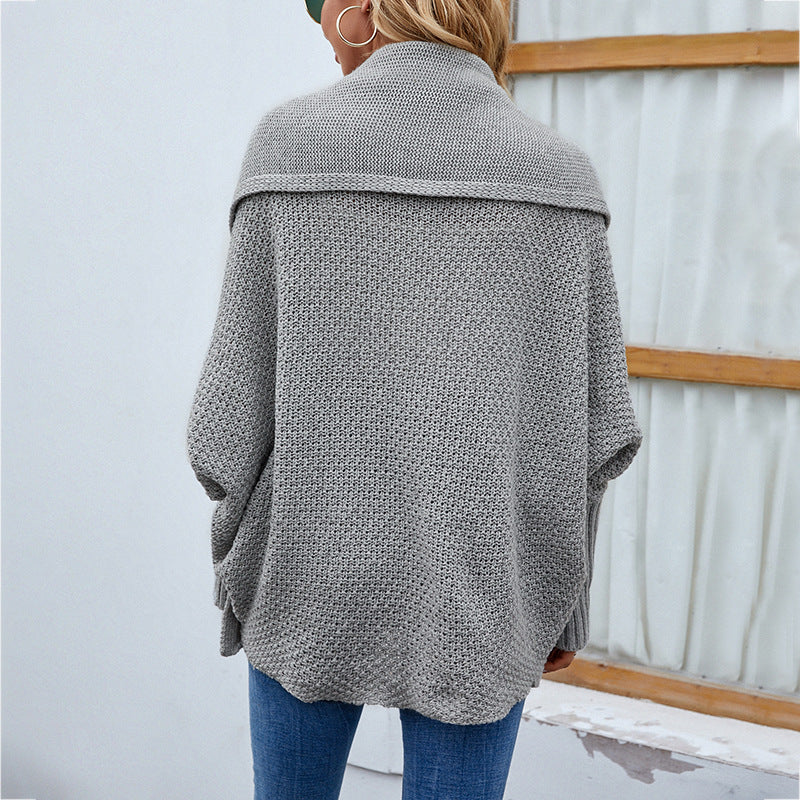 Loose Knit Bat-Sleeve Cardigan with Large Lapel for Women