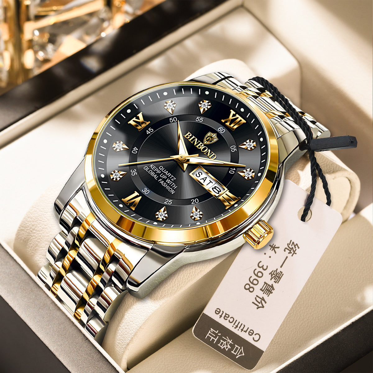 Light-Luxury Business Quartz Watch For Men In Steel And Gold