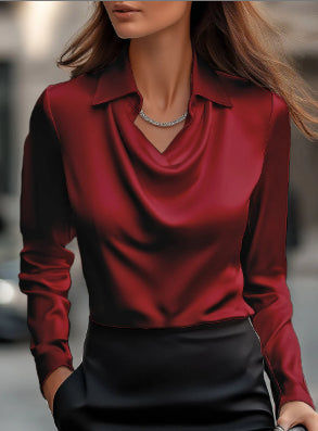 Women's Draped Swing Collar Satin Blouse with Long Sleeves
