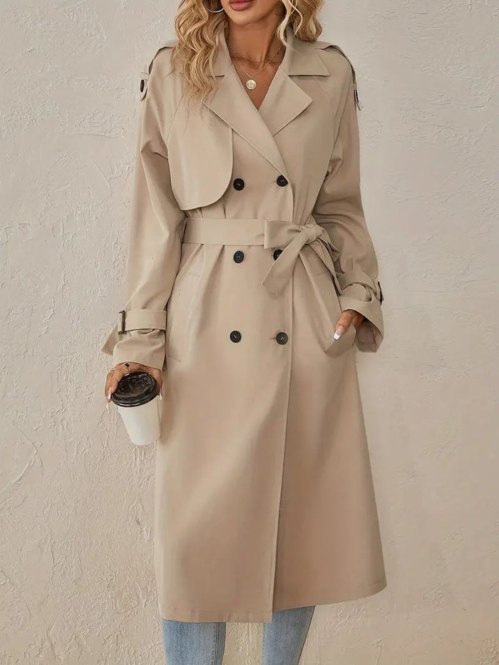 Damen-Trenchcoat mit zweireihiger Knopfleiste, Gürtel und Knielänge