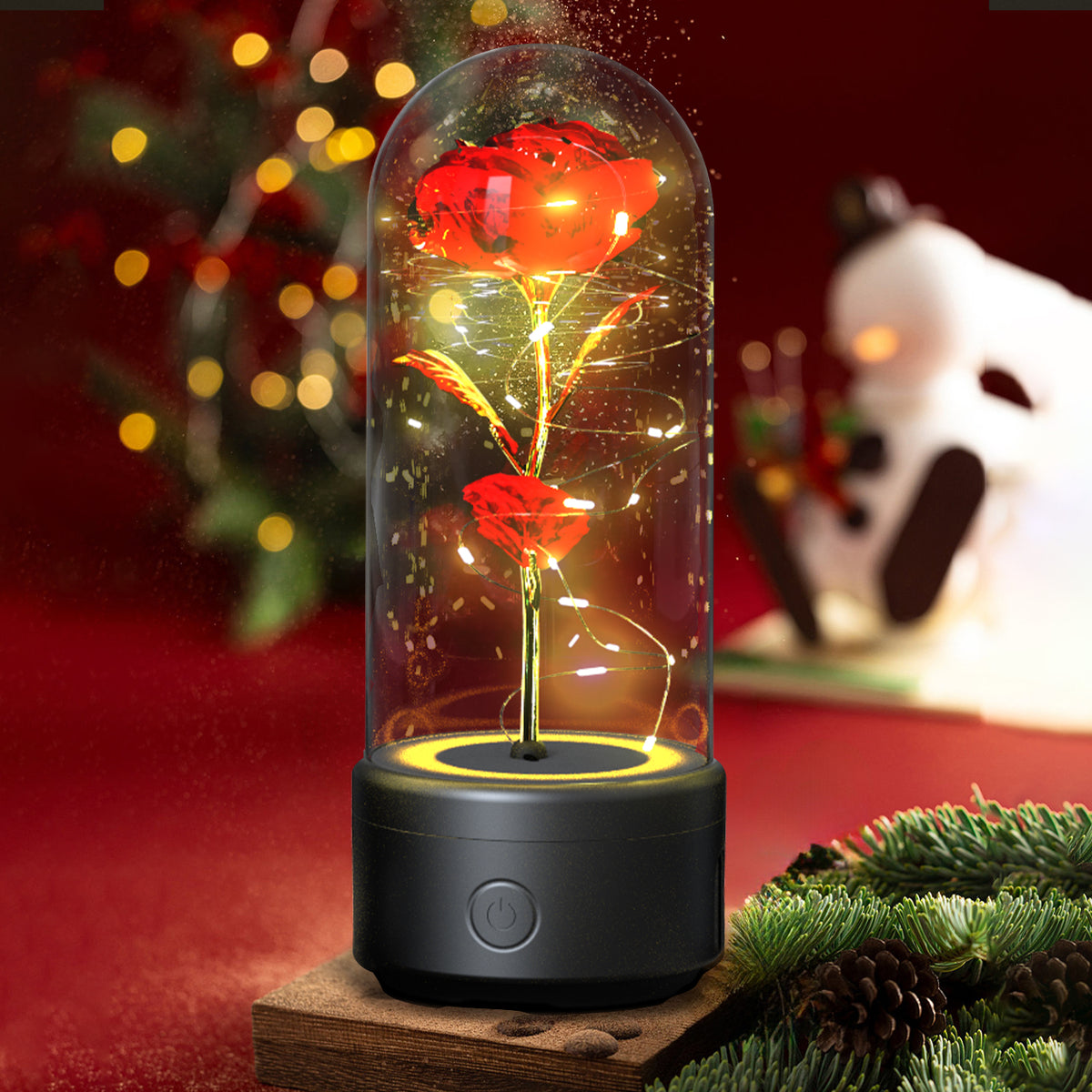 Rose Flower LED Night Light With Bluetooth Speaker In Glass Dome