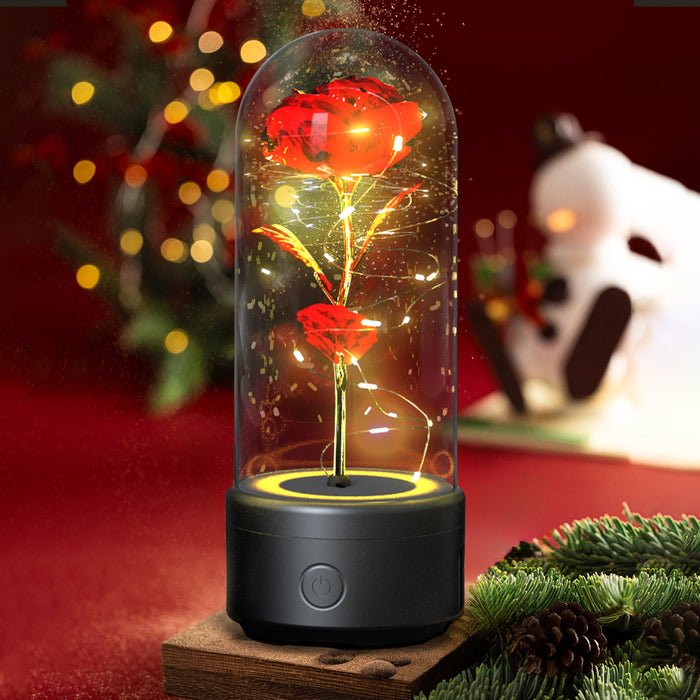 Luz nocturna LED con forma de rosa y altavoz Bluetooth en cúpula de cristal