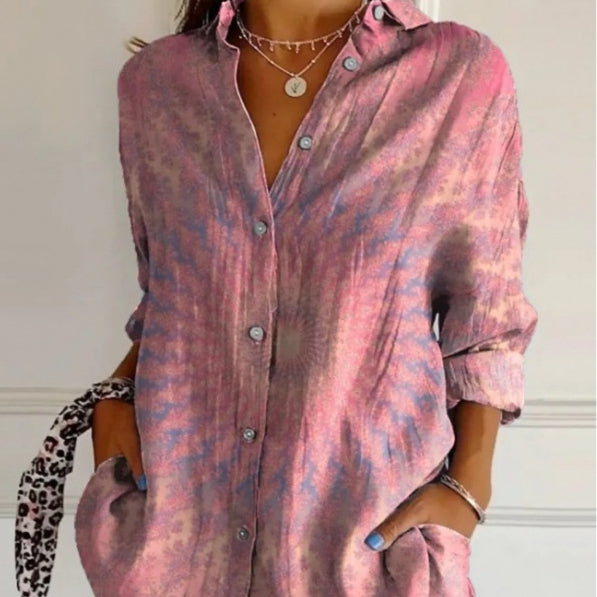 Women's Pleated Single-Breasted Lapel Shirt, Loose Fit, XS to 5XL