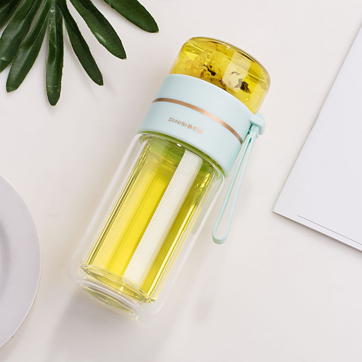 Glass Water Bottle with Tea Infuser, Double Wall Leakproof Flask
