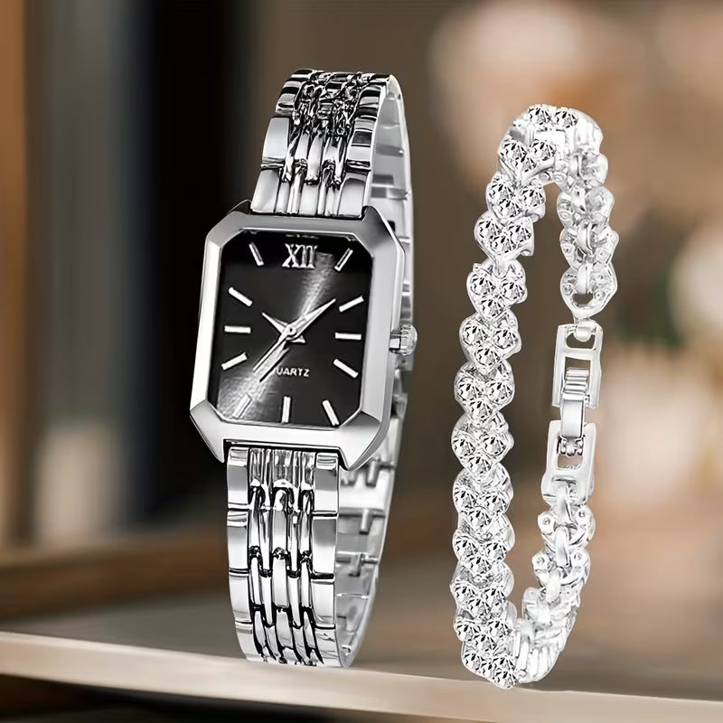 Women's Square Quartz Wristwatch Set with Bracelet