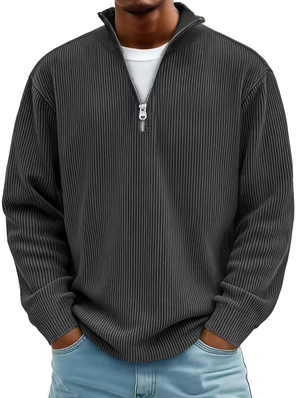Corduroy Zip-Up Stand Collar Sweatshirt, Warm Solid Colour Top for Men