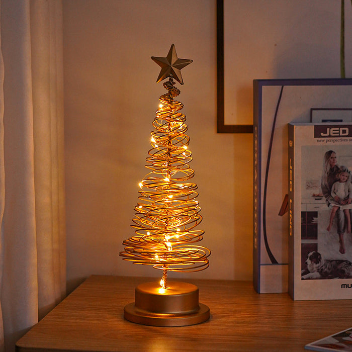 Enfeite de mesa em ferro forjado com luz LED em espiral em forma de árvore de Natal