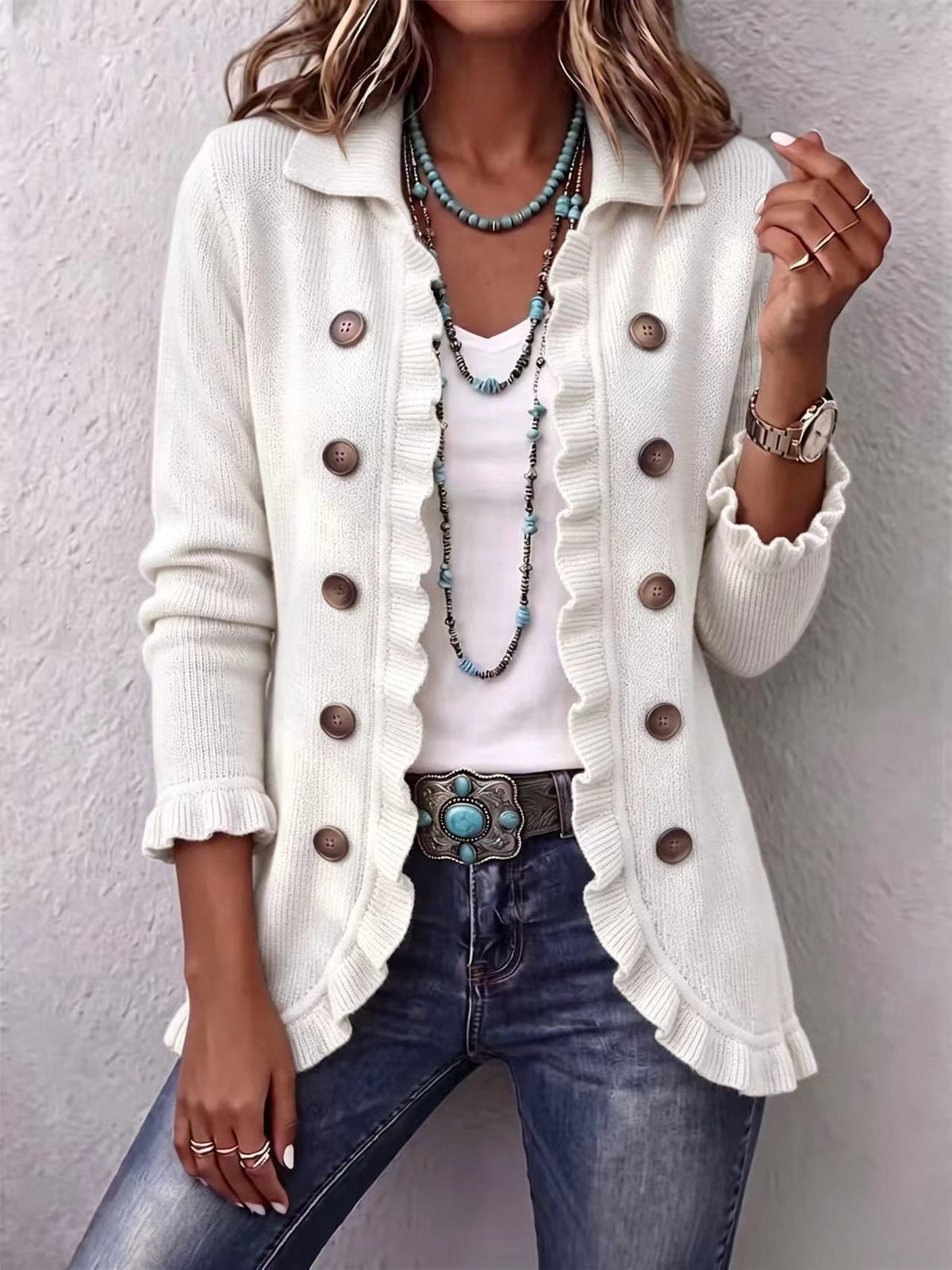 Women's Ruffled Long-Sleeve Knit Cardigan With Buttons