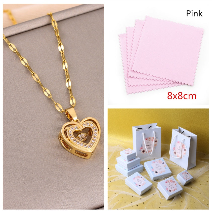 Double-Layer Love Heart Necklace With Rhinestones, Titanium Steel