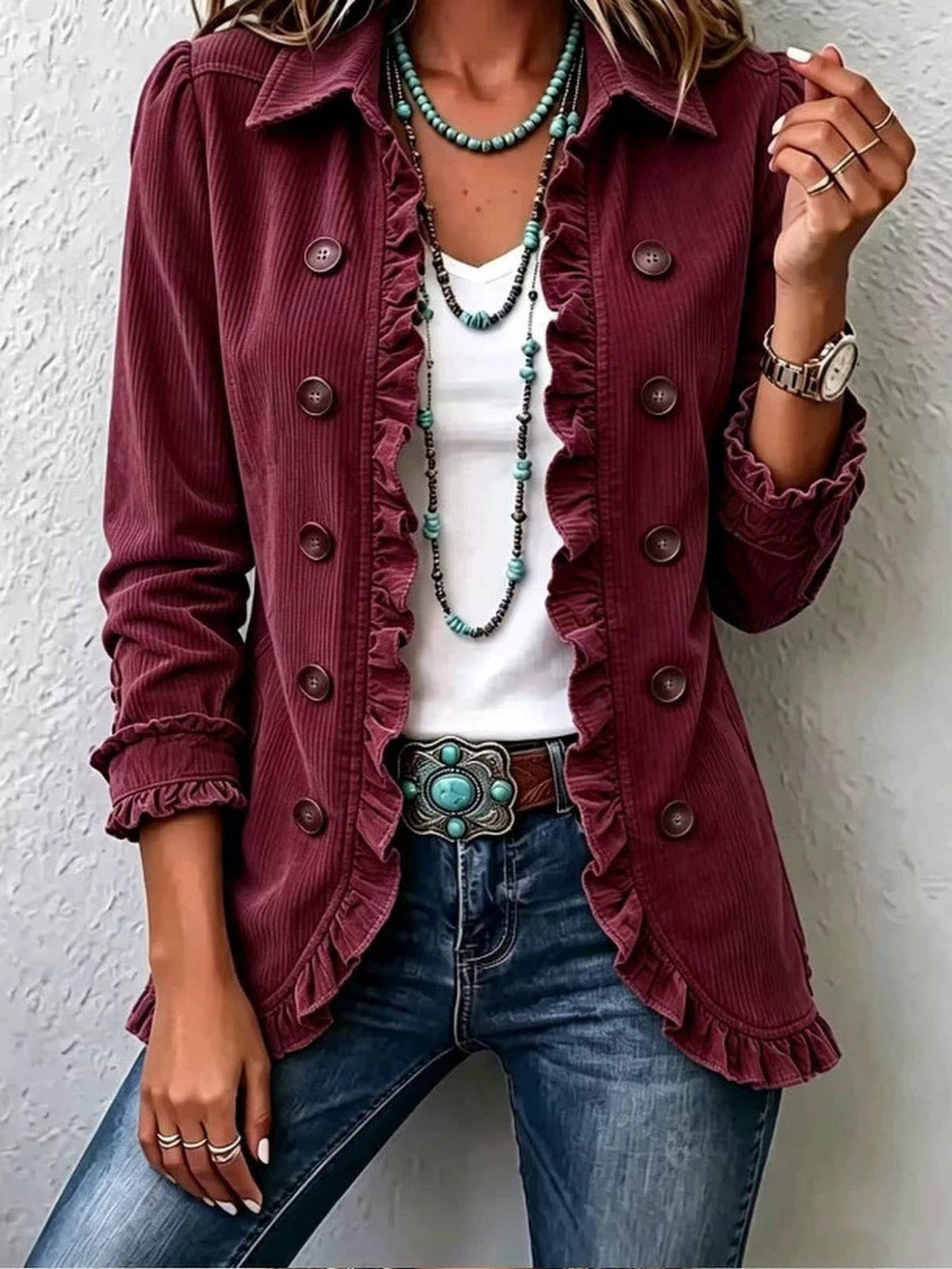 Women's Ruffled Long-Sleeve Knit Cardigan With Buttons