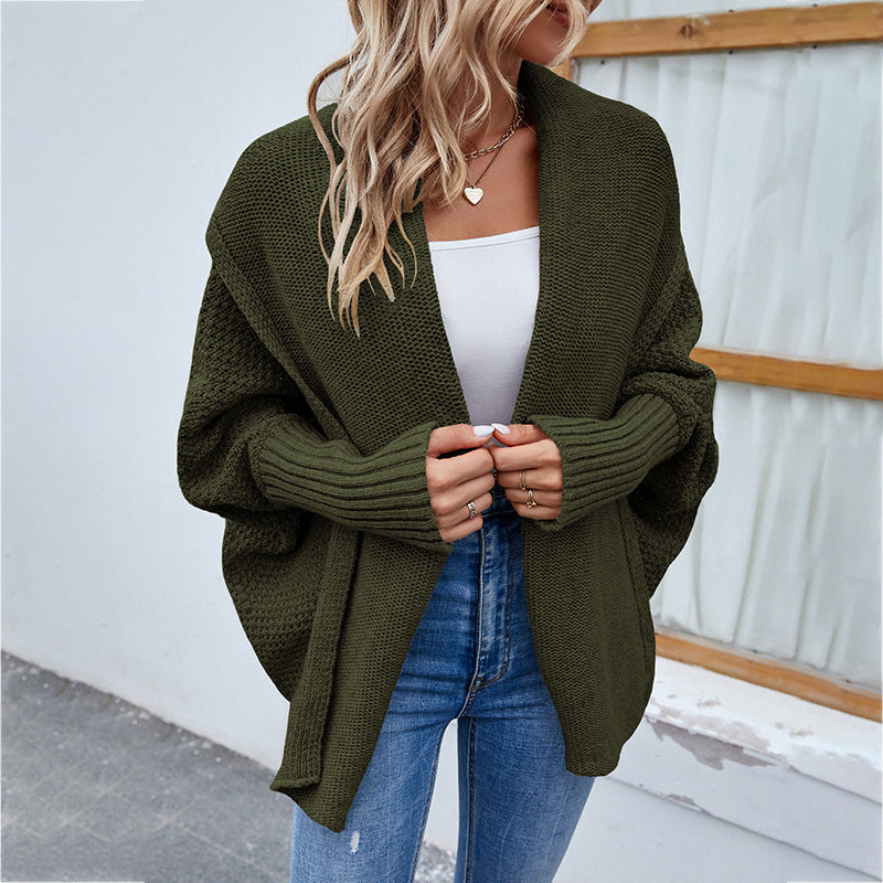 Loose Knit Bat-Sleeve Cardigan with Large Lapel for Women