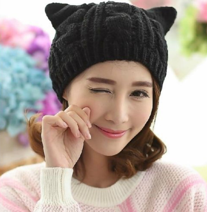 Handmade 3D Knitted Cat Ear Beanie Hat for Winter in Eight Colours