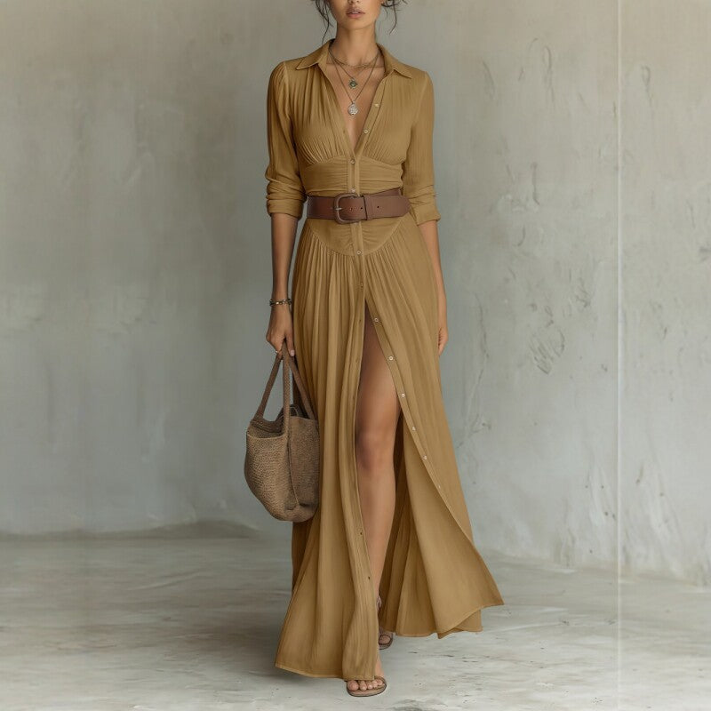 Women's V-Neck Long Dress with High Side Split, Loose Casual Maxi