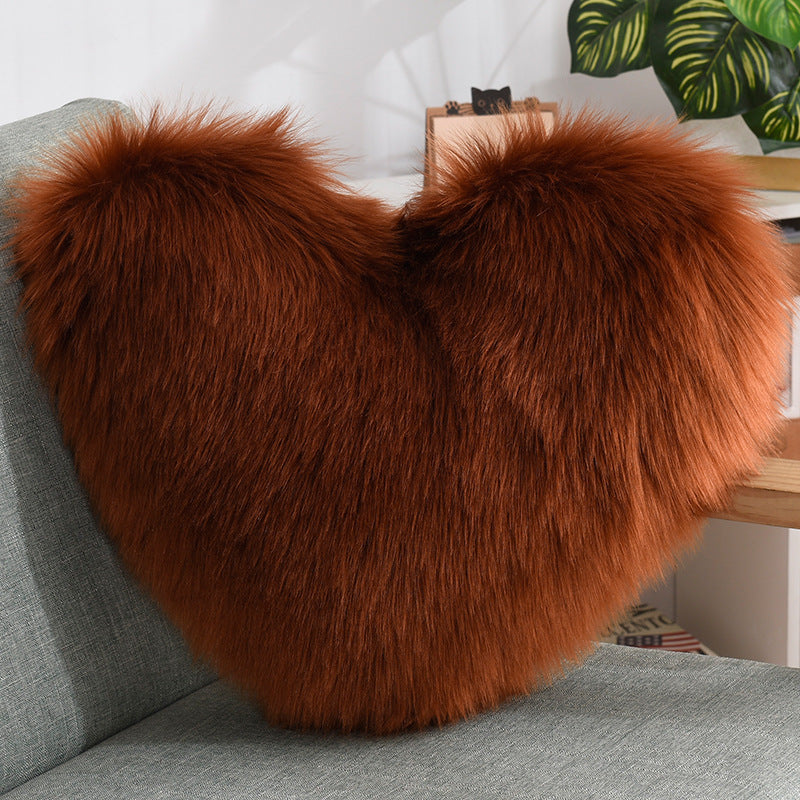 Heart Shape Plush Throw Pillow, Fluffy Shaggy Sofa Cushion