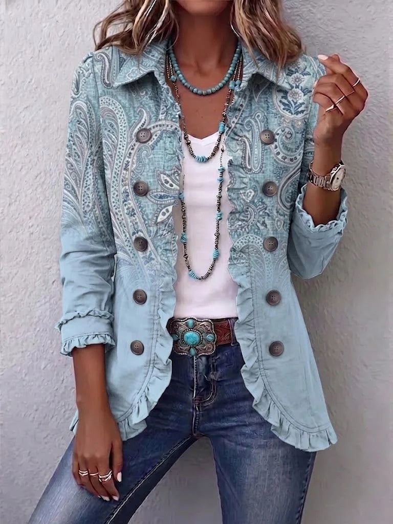 Women's Ruffled Long-Sleeve Knit Cardigan With Buttons