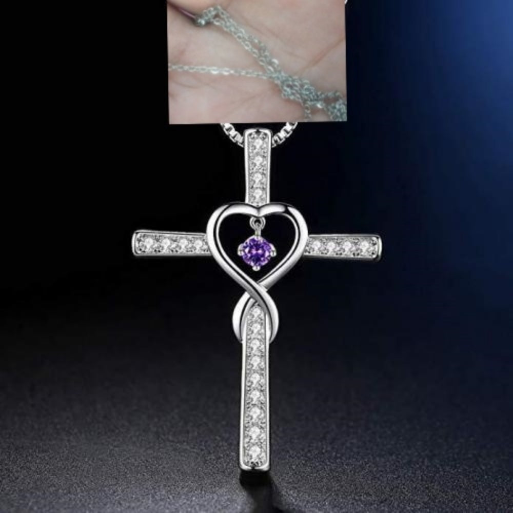 Birthstone Crystal Cross and Heart Pendant Necklace, Gold-Plated
