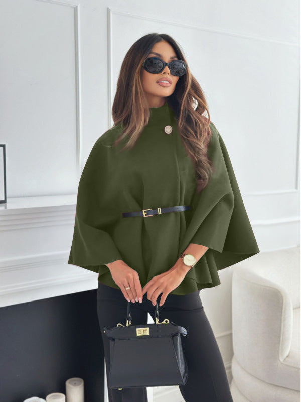 Women's Stand Collar Batwing Cloak Jacket With Belt, Woolen Look