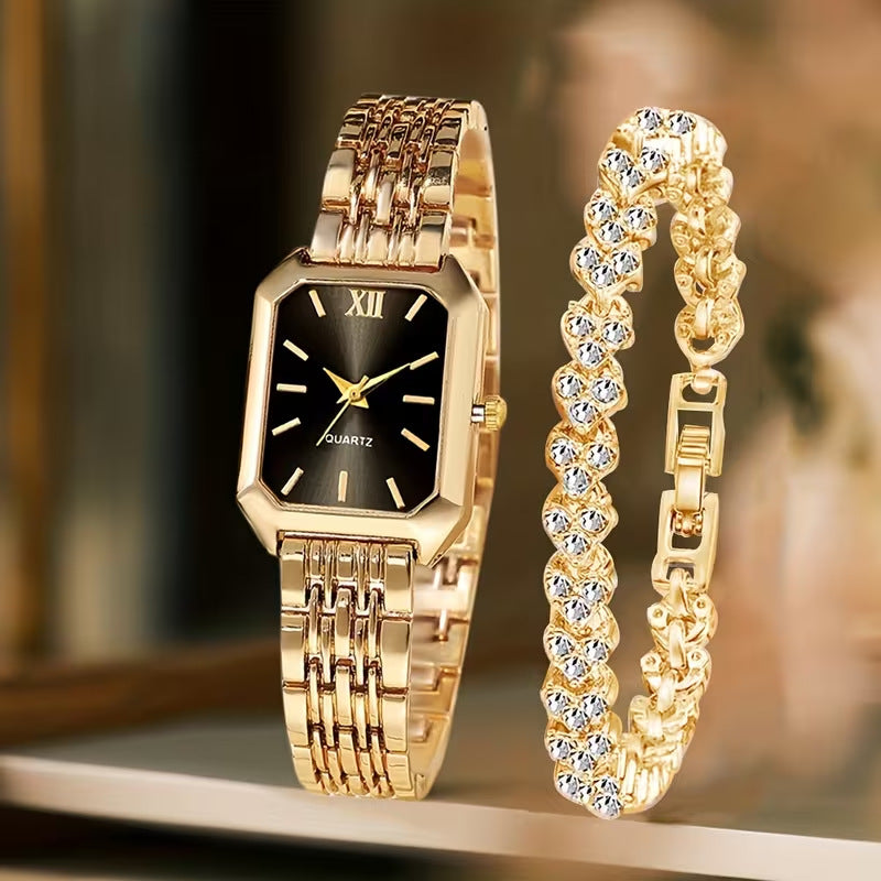 Women's Square Quartz Wristwatch Set with Bracelet