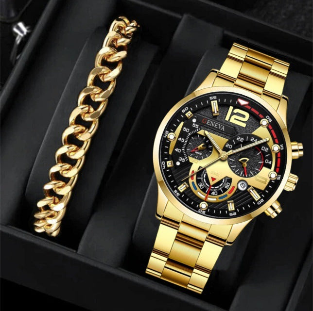 Men's Three-Eye Quartz Watch And Bracelet Set In Steel Strip