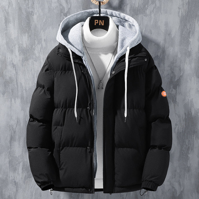 Casaco de inverno com capuz para homem, design de duas peças falso, corta-vento