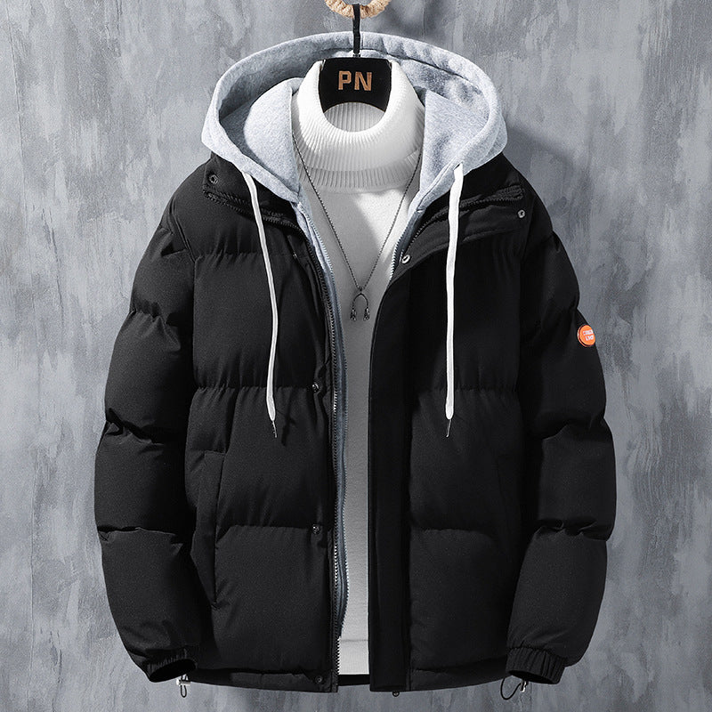 Men's Hooded Winter Jacket With Fake Two-Piece Design, Windproof