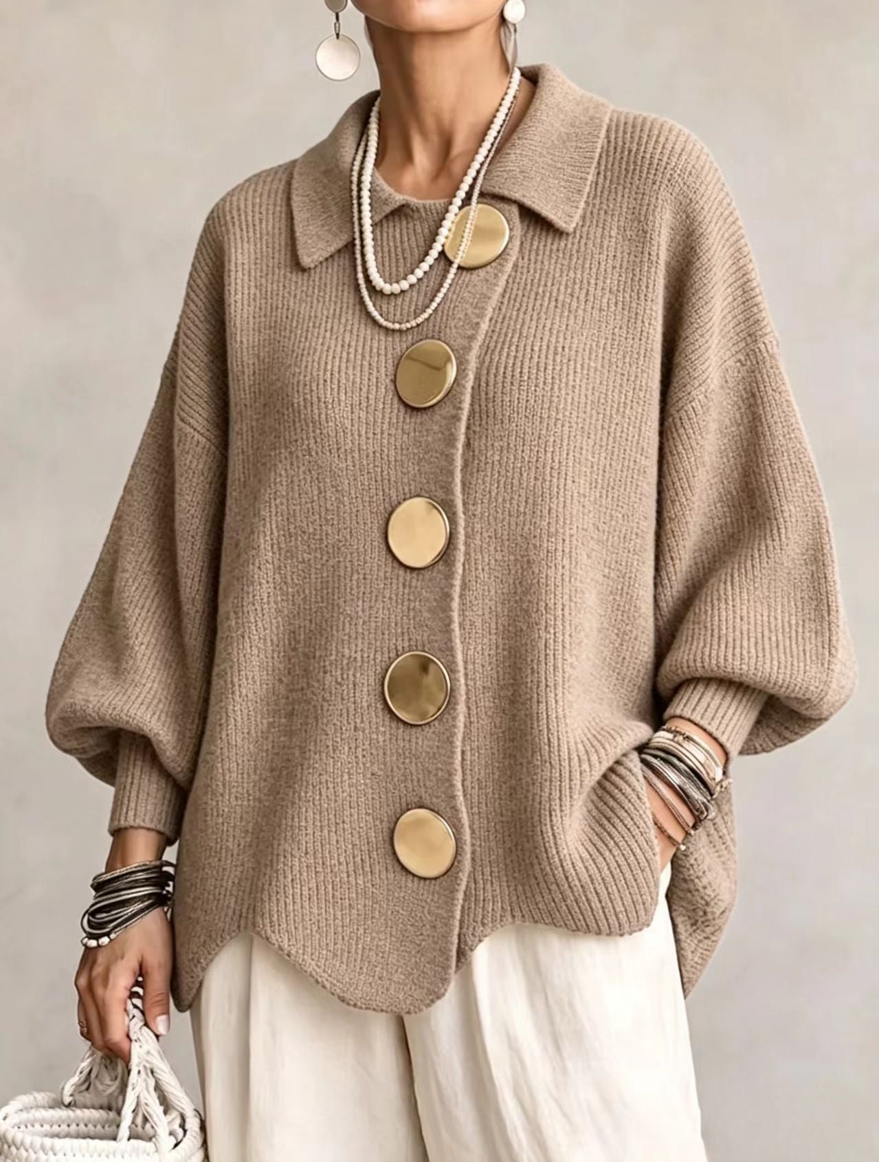Women's Button-Down Knitted Cardigan, Loose Lapel Jacket