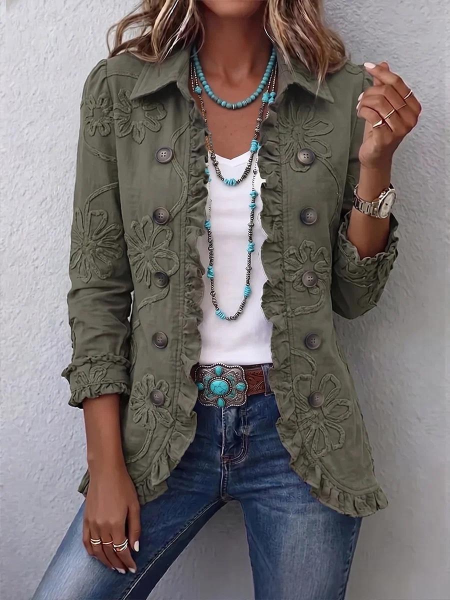 Women's Pleated Lapel Blazer Jacket, Solid Colour Ruffled