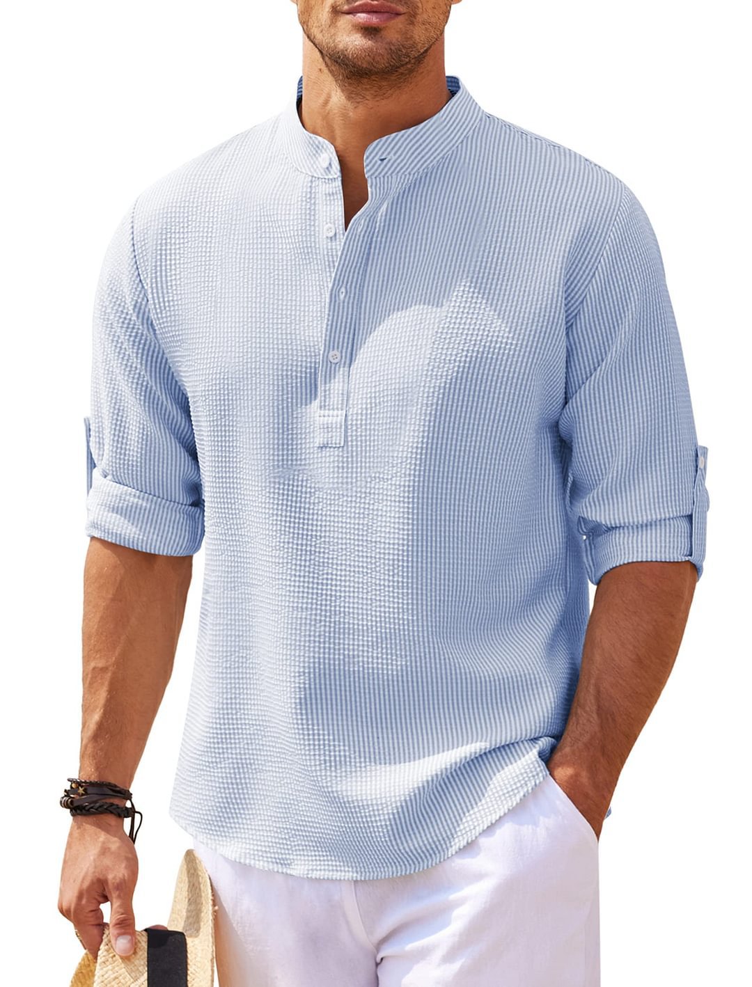 Men's Long Sleeve Stand Collar Shirt, Solid Colour Casual Top