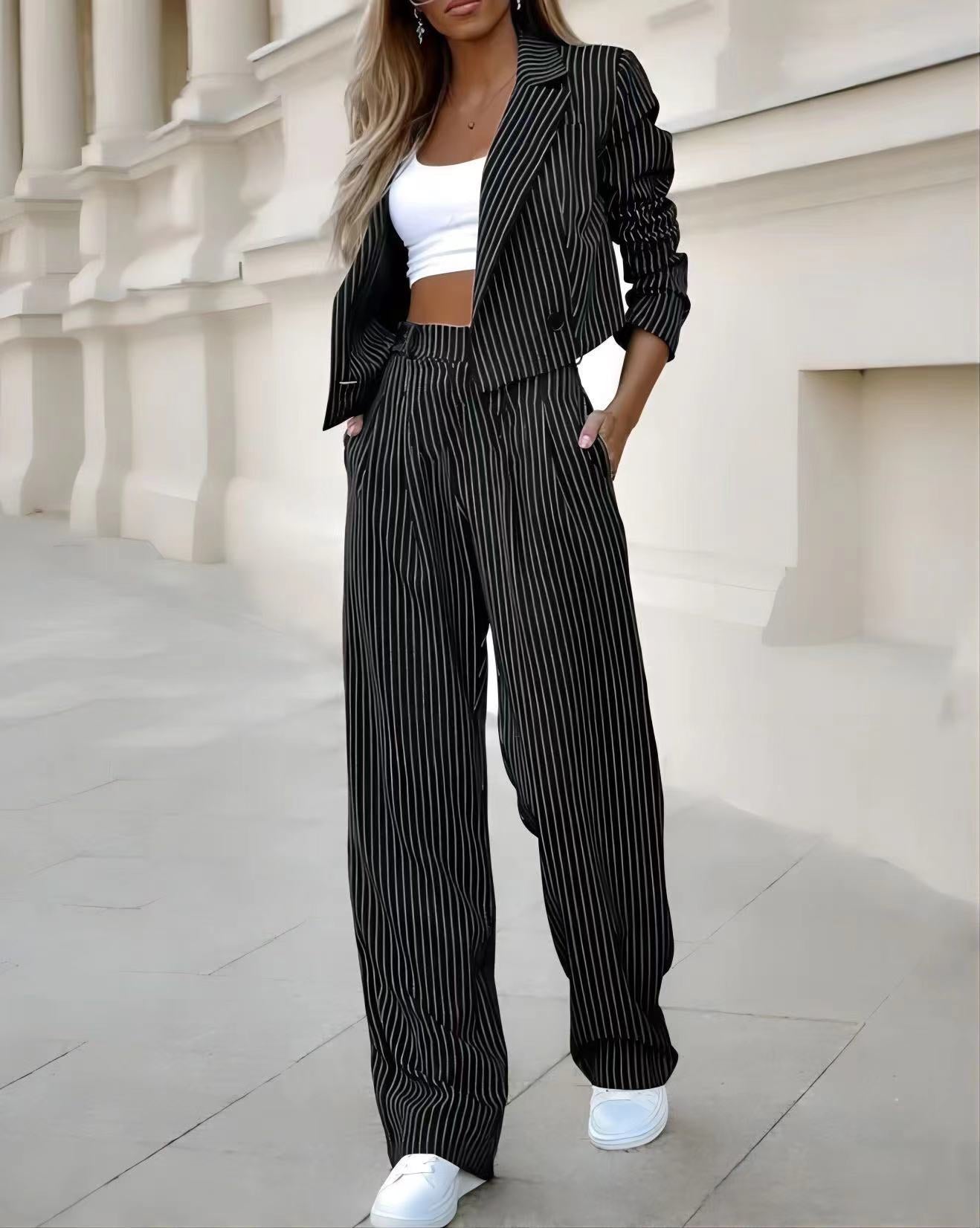 Women's Striped Lapel Cropped Top and Straight Trousers Set