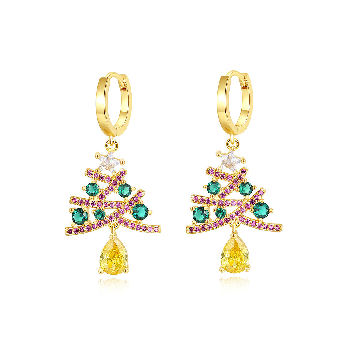Colourful Rhinestone Christmas Tree Earrings in Gold