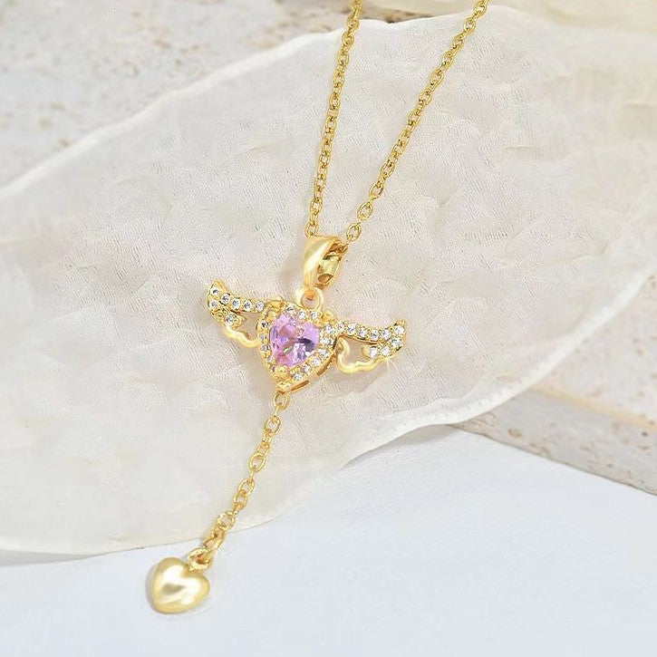 Cupid Heart Angel Wings Necklace With Crystal Clavicle Chain