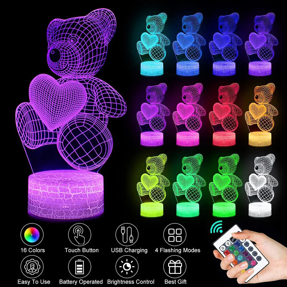 3D Acrylic USB LED Night Light with Touch or Remote Colours