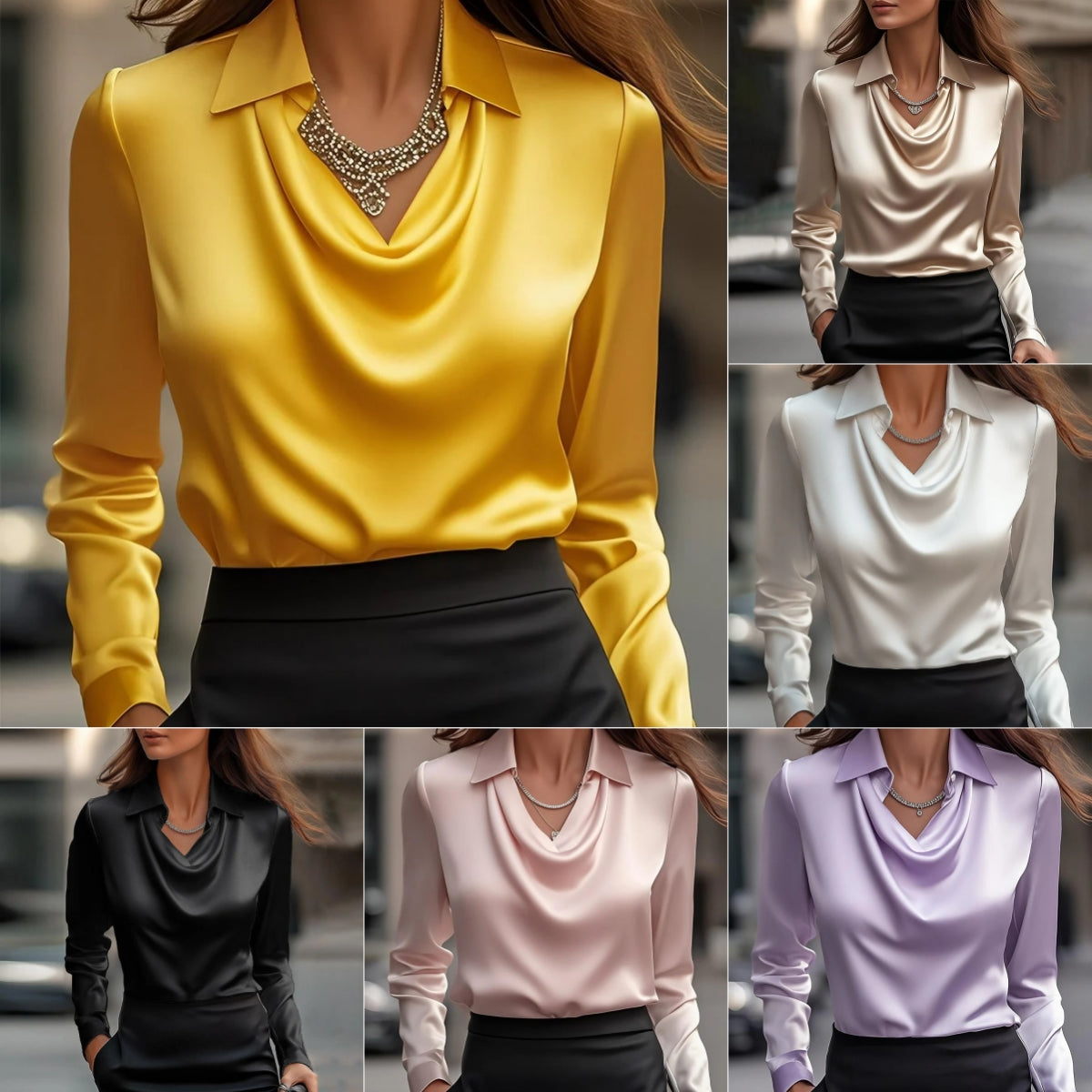 Women's Draped Swing Collar Satin Blouse with Long Sleeves