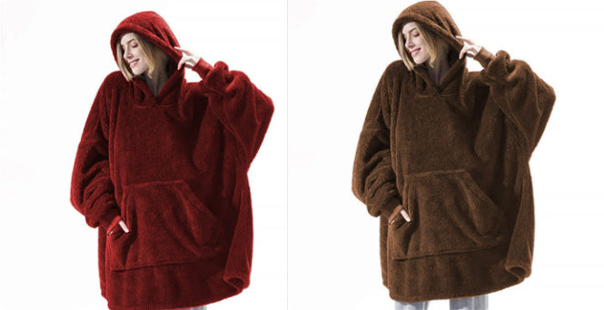 Oversized Fleece Hoodie With Big Pocket, Thick Double-Sided