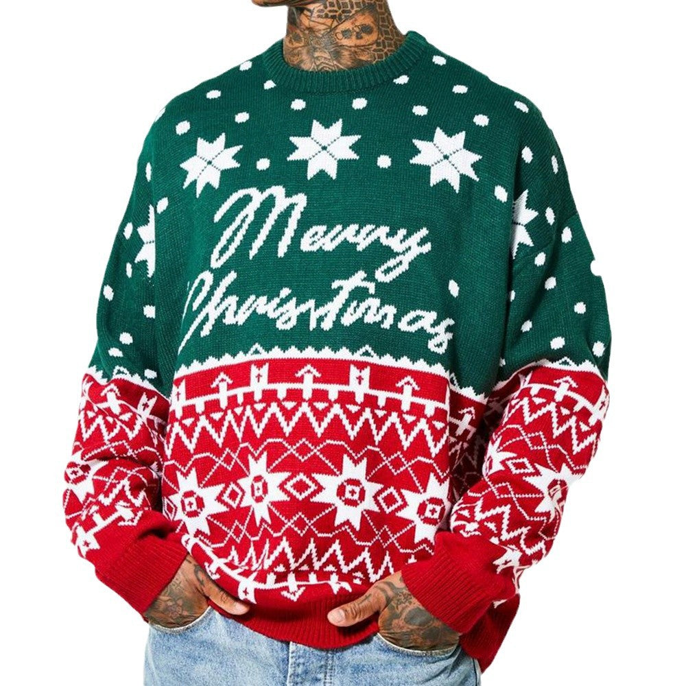 Men's Knitted Jacquard Pullover Sweater with Round Neck