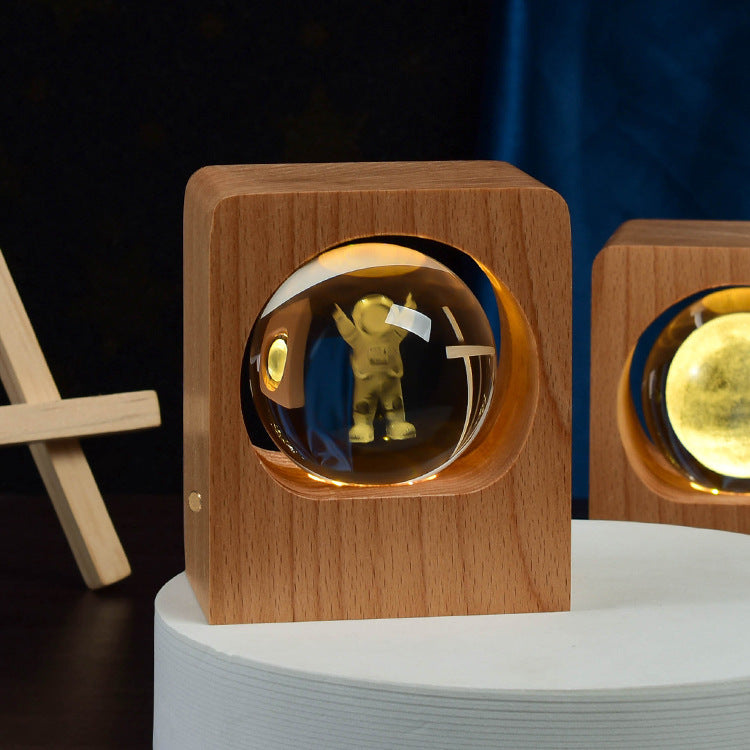 3D Engraved Crystal Ball Night Light with Beech Wood Base