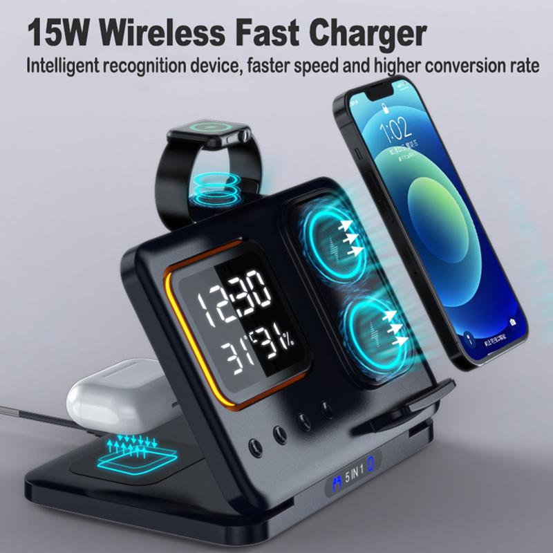 5 In 1 Wireless Charger Stand With LED Alarm Clock And Display